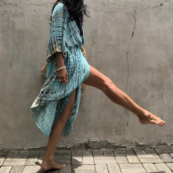 Turquoise Tie Dye Boho Swim Coverup Kimono Robe - Picture 4 of 9